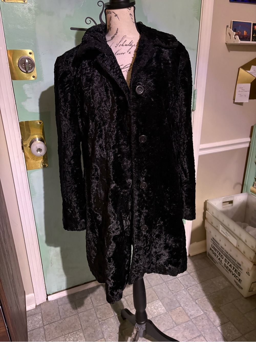 Vintage Preston & York Black Faux Fur Textured Astrakhan Coat Mid Length Size M